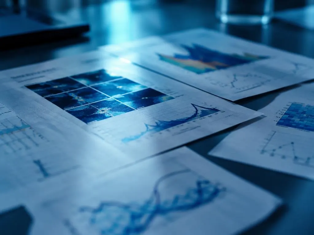Printed scientific figures on a desk