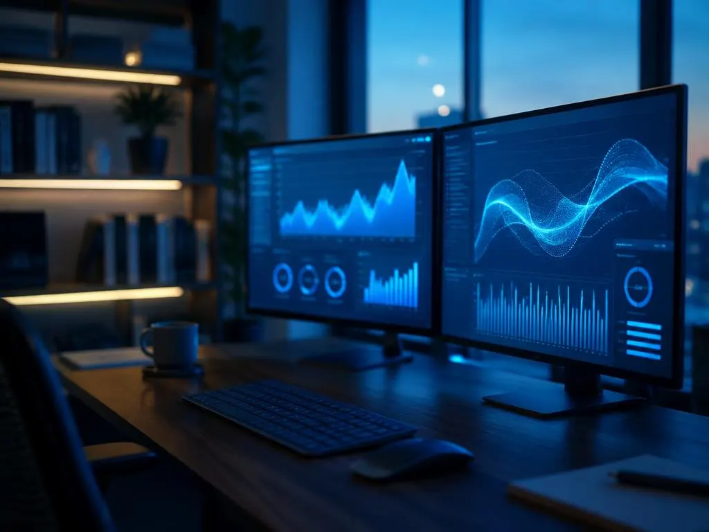 Home office with dual monitors in blue light